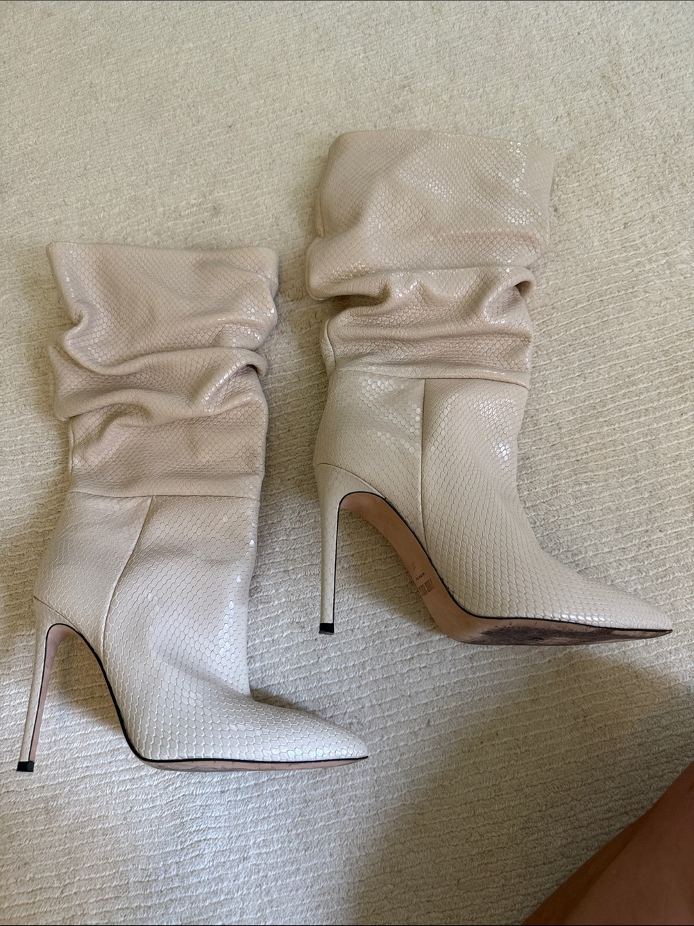 Paris Texas Cream Snakeskin Slouchy Pointed-Toe Stiletto Boots